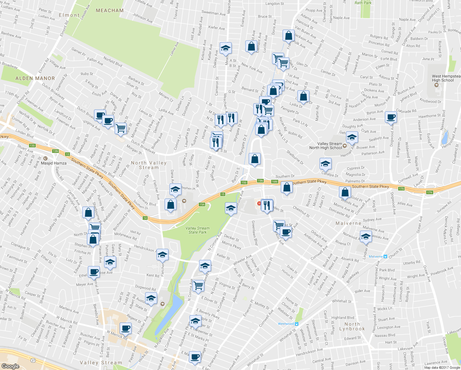 map of restaurants, bars, coffee shops, grocery stores, and more near 1245 Barry Drive South in Valley Stream