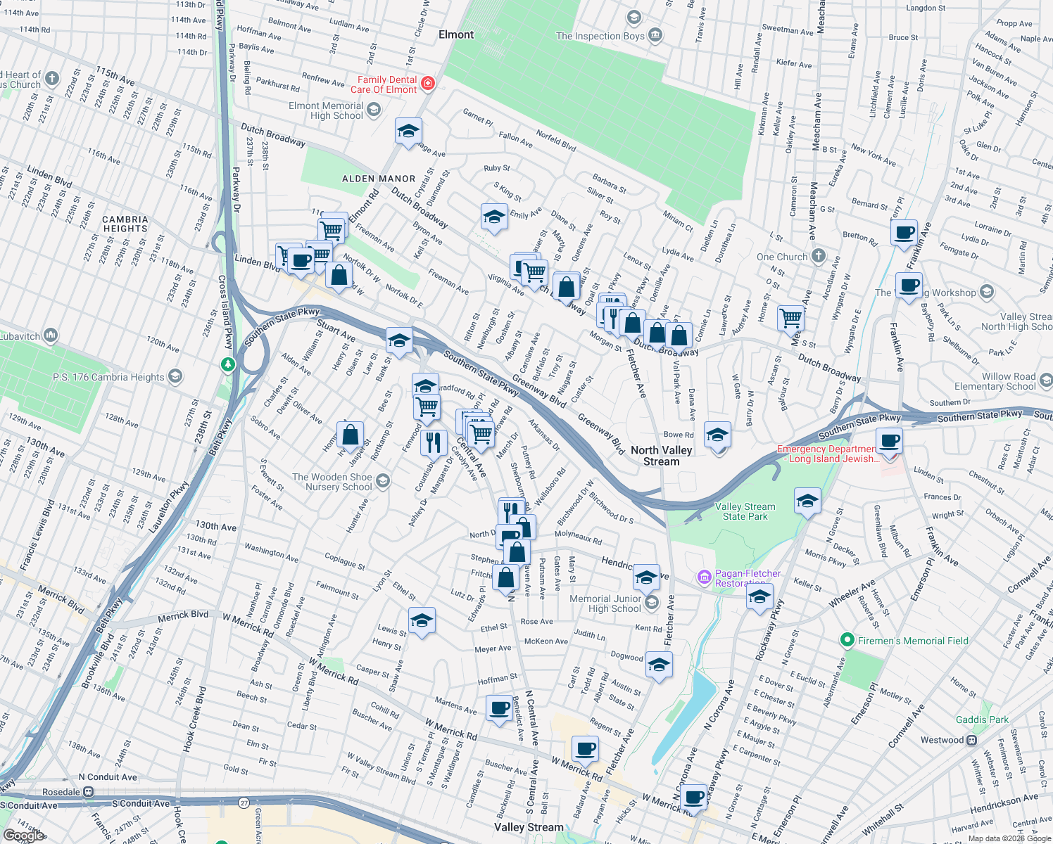 map of restaurants, bars, coffee shops, grocery stores, and more near 1673 Arkansas Drive in Valley Stream