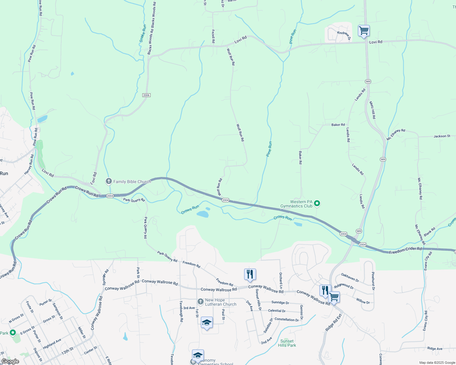map of restaurants, bars, coffee shops, grocery stores, and more near 163 Wolf Run Road in Freedom