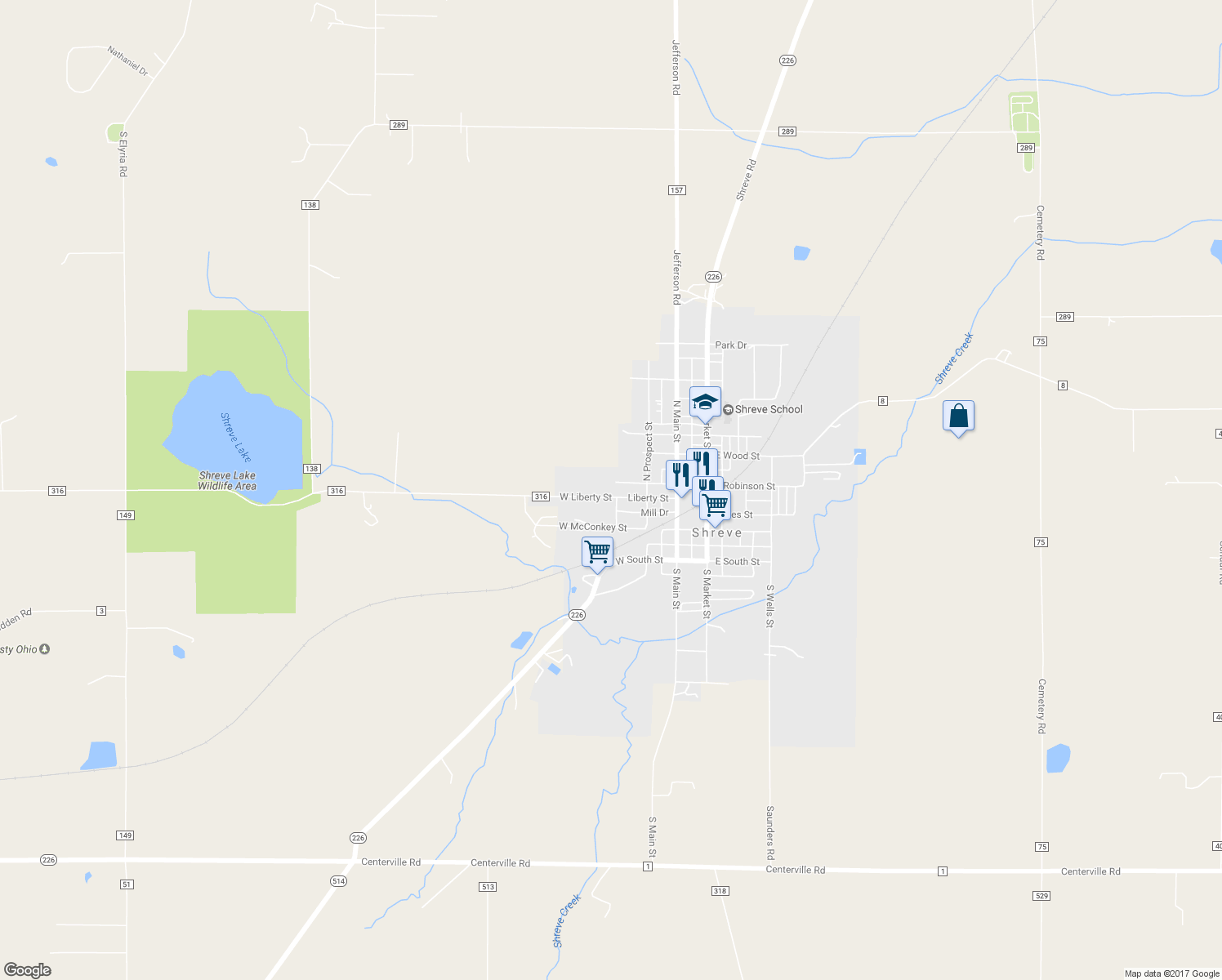 map of restaurants, bars, coffee shops, grocery stores, and more near 402 Liberty Street in Shreve