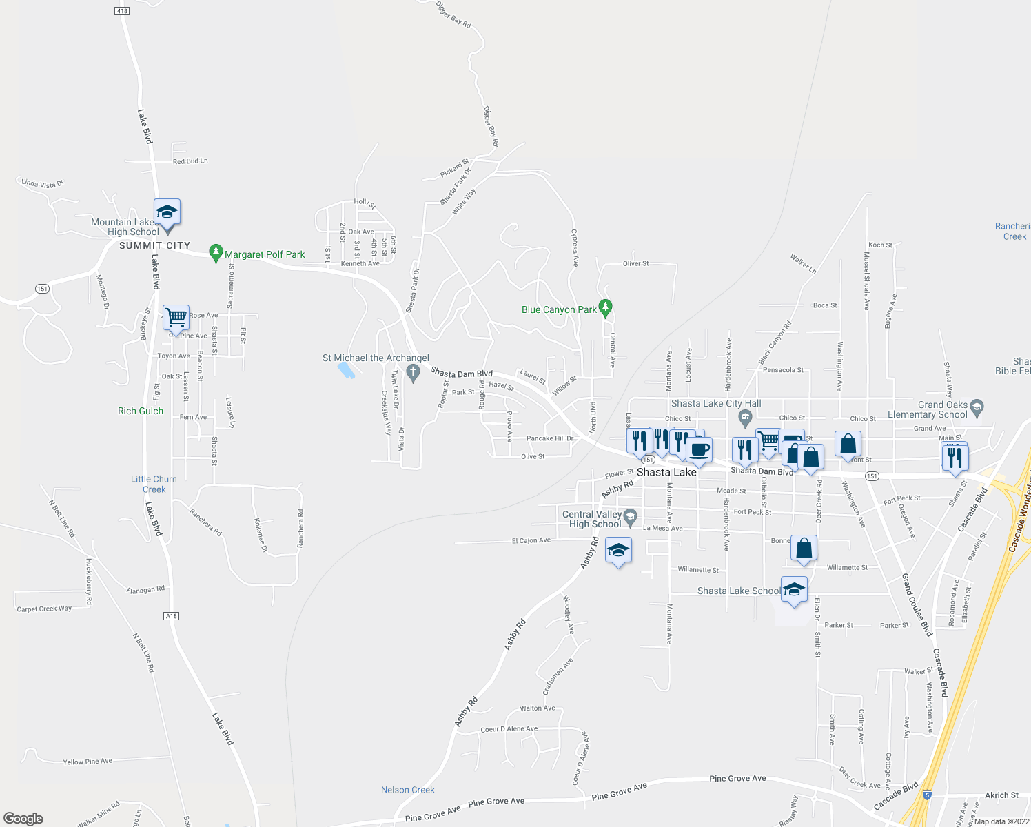 map of restaurants, bars, coffee shops, grocery stores, and more near 1357 Provo Ave in Shasta Lake