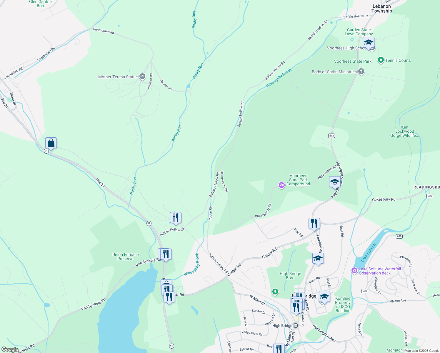 map of restaurants, bars, coffee shops, grocery stores, and more near 133 Observatory Road in Glen Gardner