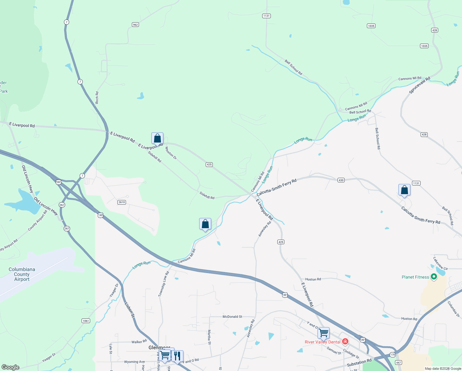 map of restaurants, bars, coffee shops, grocery stores, and more near 15051 East Liverpool Road in East Liverpool