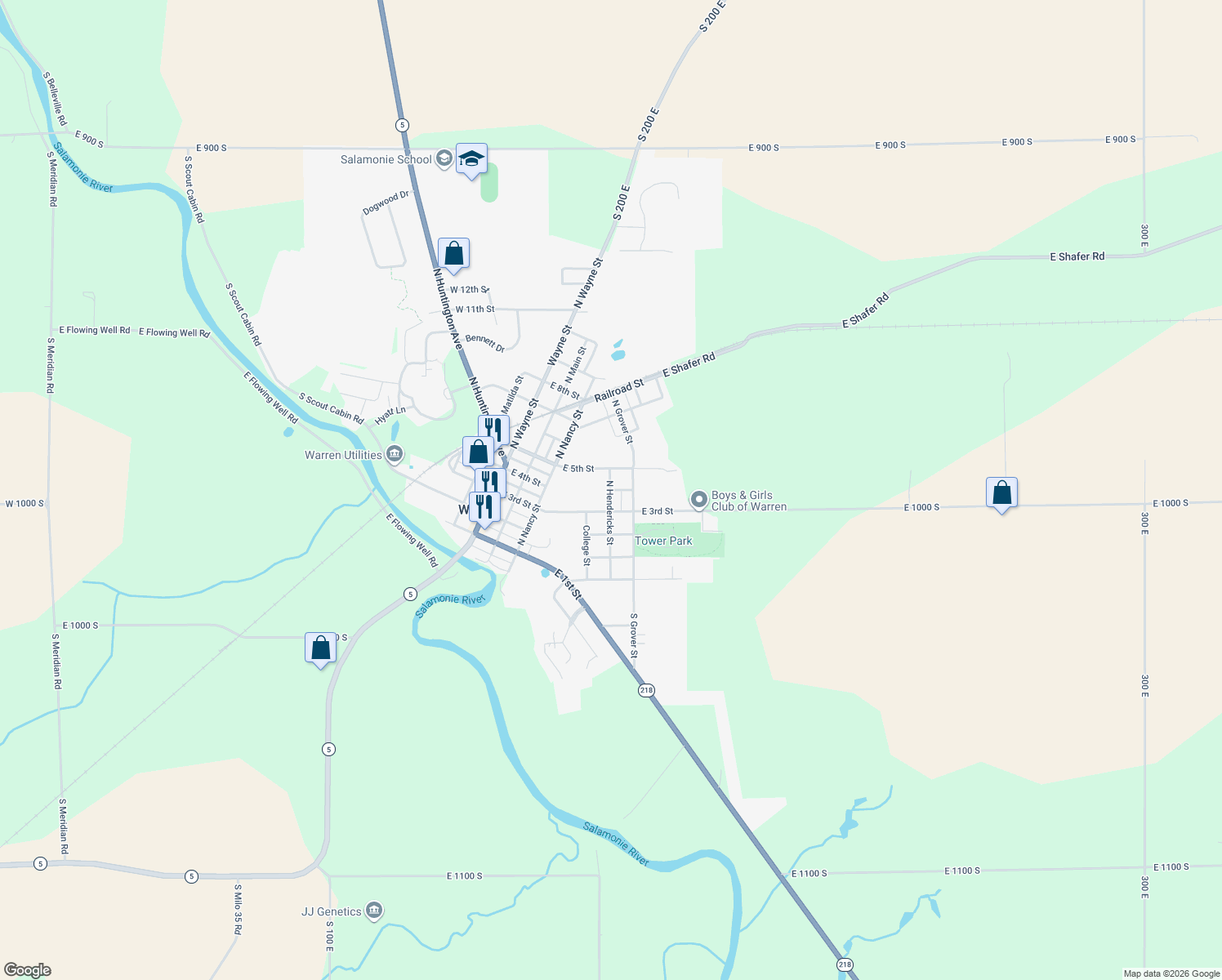 map of restaurants, bars, coffee shops, grocery stores, and more near 399 North Hendericks Street in Warren