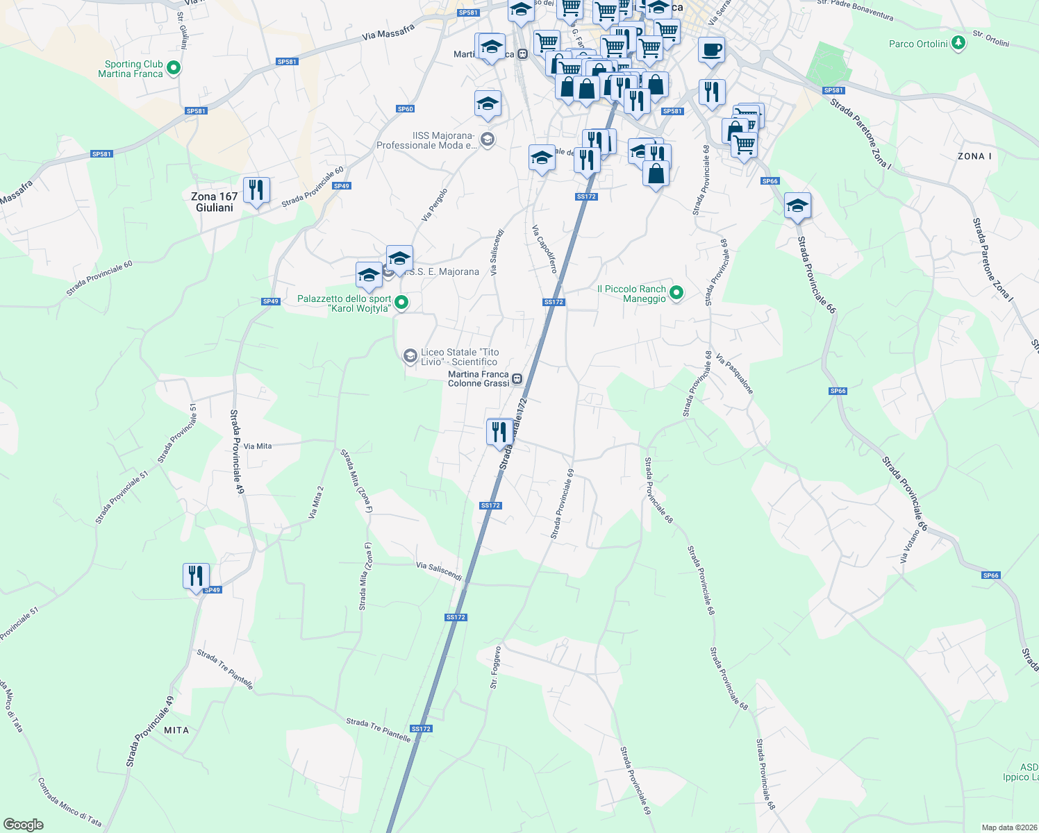 map of restaurants, bars, coffee shops, grocery stores, and more near Strada Statale 172 in Province of Taranto