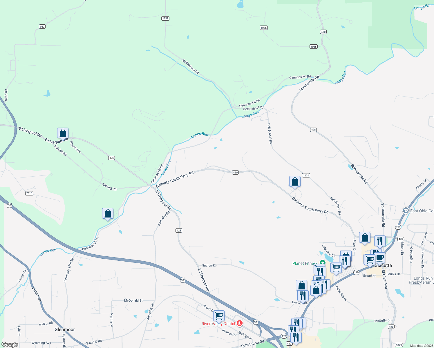 map of restaurants, bars, coffee shops, grocery stores, and more near 47522 Calcutta-Smith Ferry Road in East Liverpool