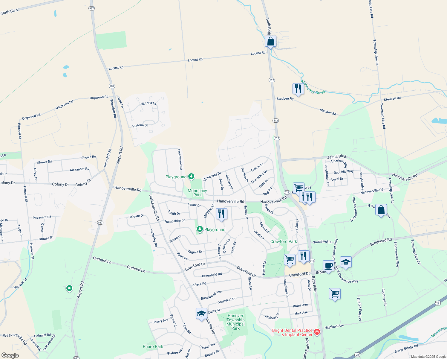 map of restaurants, bars, coffee shops, grocery stores, and more near 5024 Allen Dr in Bethlehem