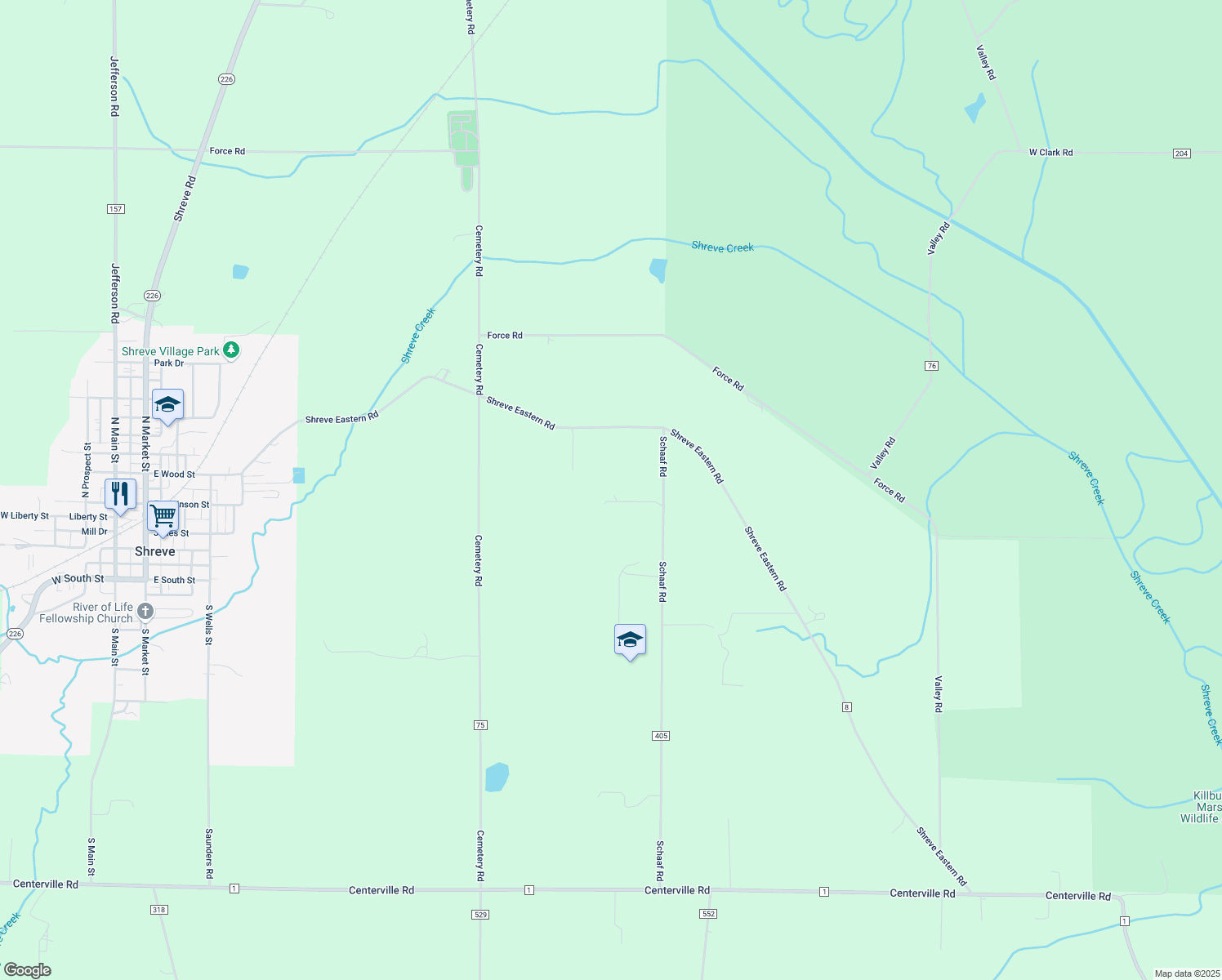 map of restaurants, bars, coffee shops, grocery stores, and more near 9525 Schaaf Rd in Shreve