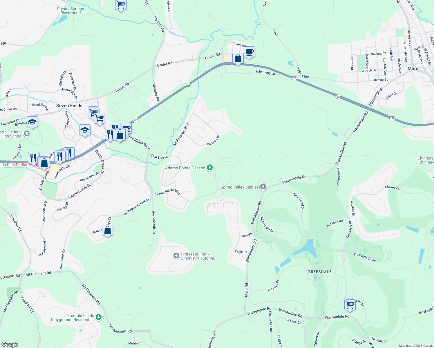 map of restaurants, bars, coffee shops, grocery stores, and more near 203 Adams Pointe Boulevard in Mars