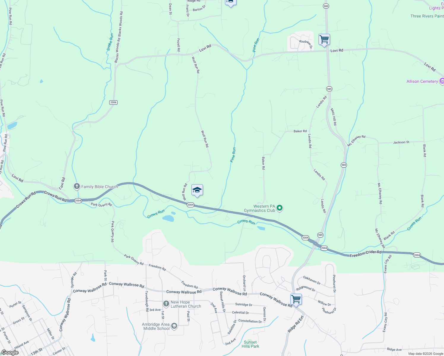 map of restaurants, bars, coffee shops, grocery stores, and more near 187 Wolf Run Road in Freedom