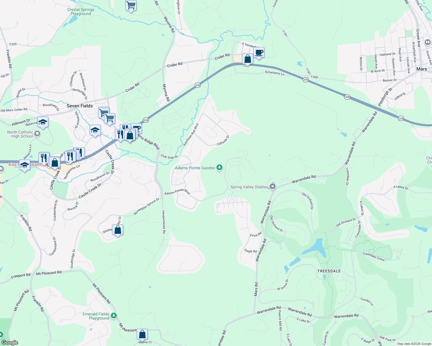 map of restaurants, bars, coffee shops, grocery stores, and more near 208 Adams Pointe Boulevard in Mars