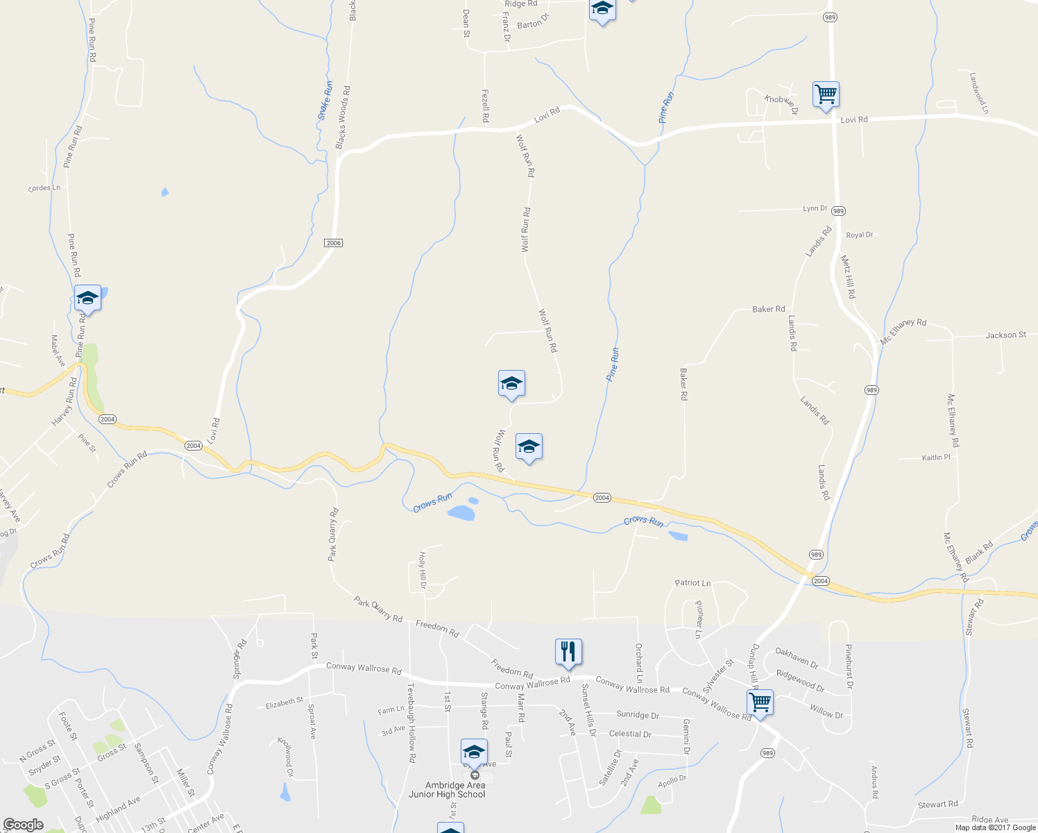 map of restaurants, bars, coffee shops, grocery stores, and more near 163 Wolf Run Road in Freedom