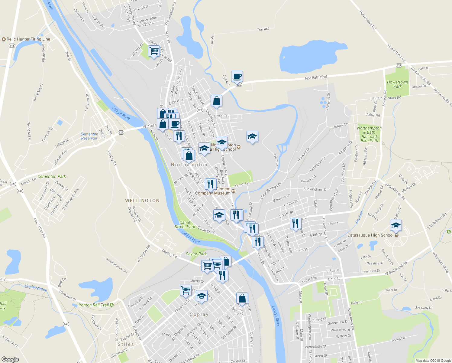 map of restaurants, bars, coffee shops, grocery stores, and more near 1416 Laubach Avenue in Northampton