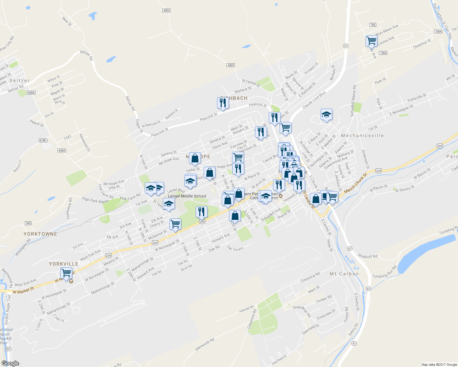 map of restaurants, bars, coffee shops, grocery stores, and more near 912 West Race Street in Pottsville