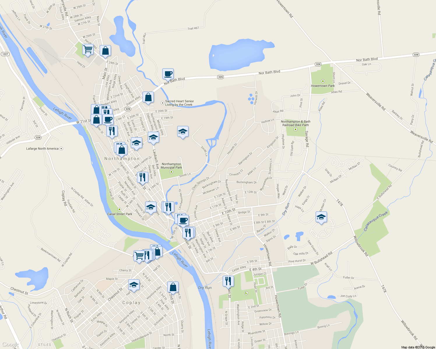 map of restaurants, bars, coffee shops, grocery stores, and more near 439 McKeever Lane in Northampton