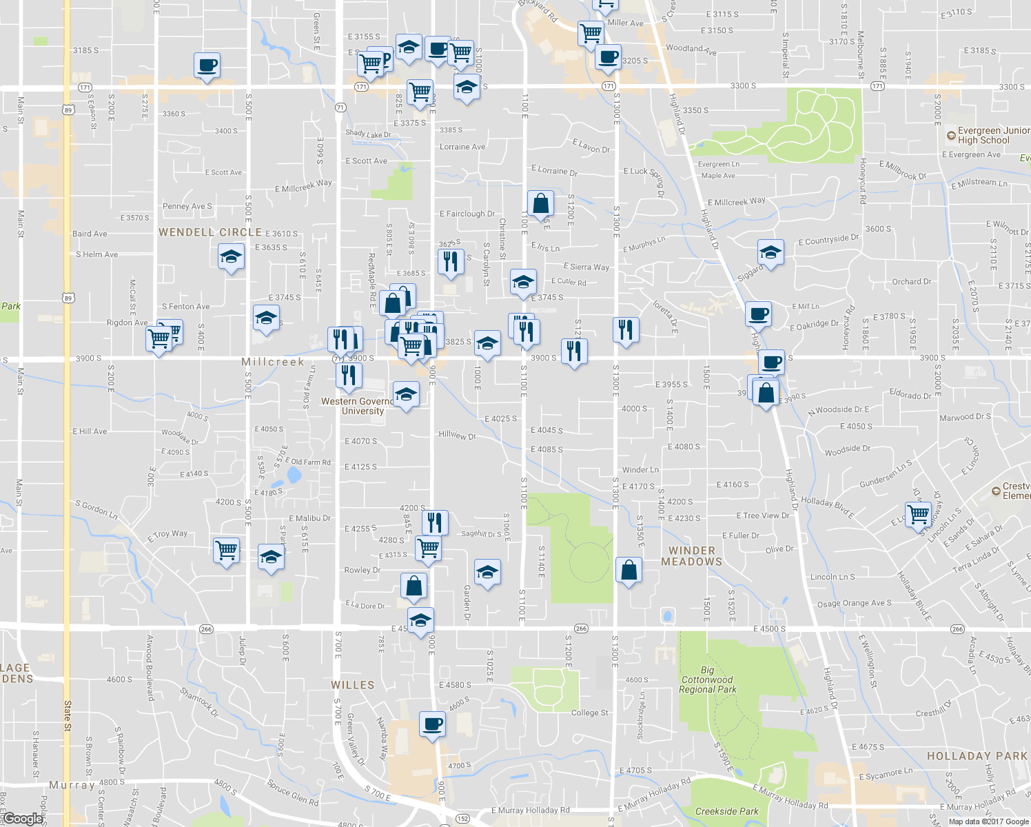 map of restaurants, bars, coffee shops, grocery stores, and more near 1077 East 4025 South in Salt Lake City