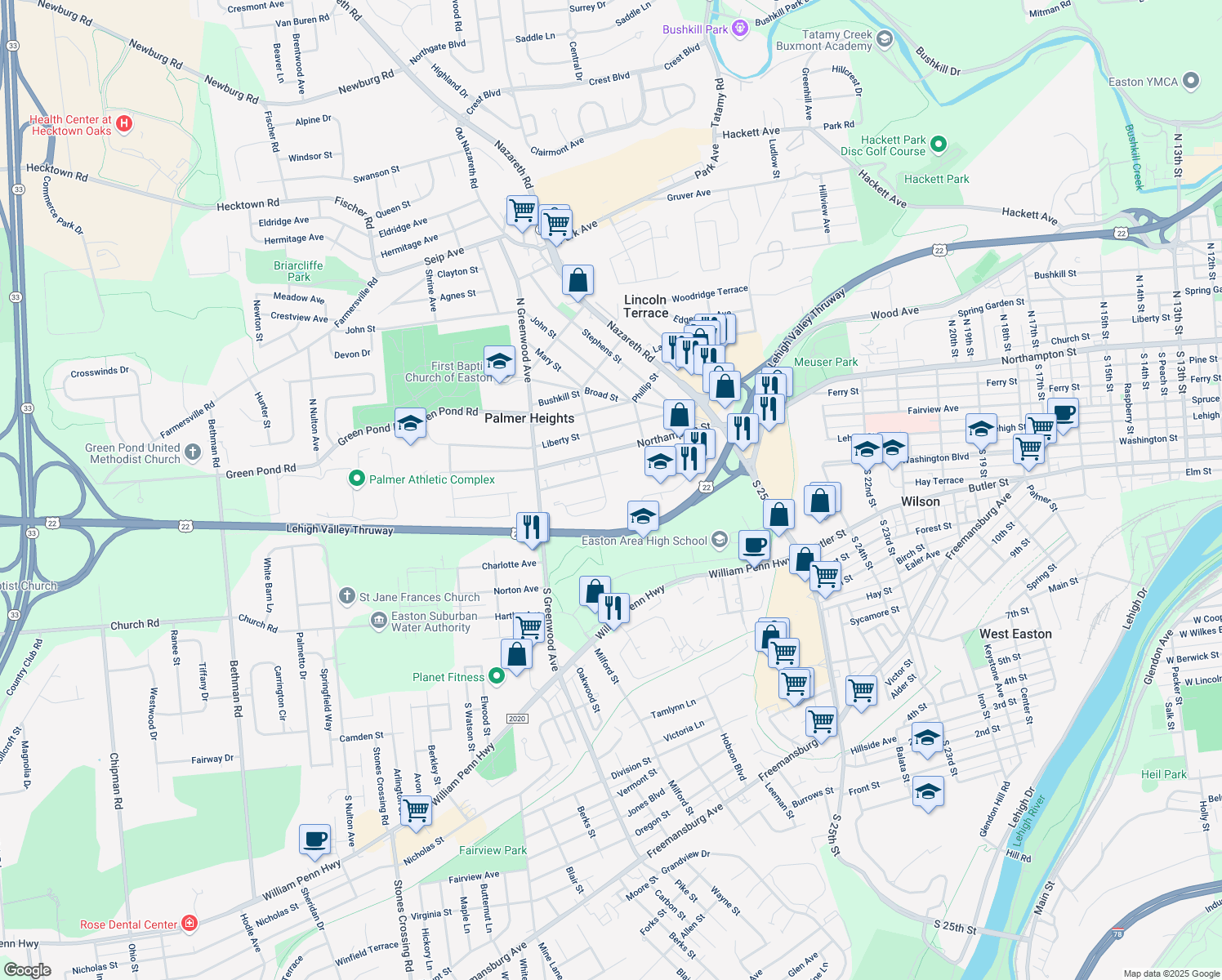 map of restaurants, bars, coffee shops, grocery stores, and more near 150 S Kathryn St in Easton