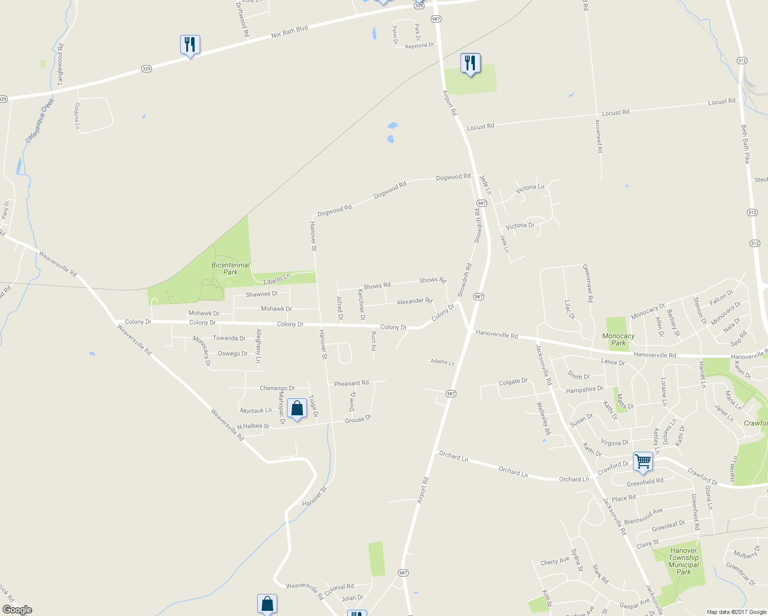 map of restaurants, bars, coffee shops, grocery stores, and more near 5872 Alexander Road in Bethlehem