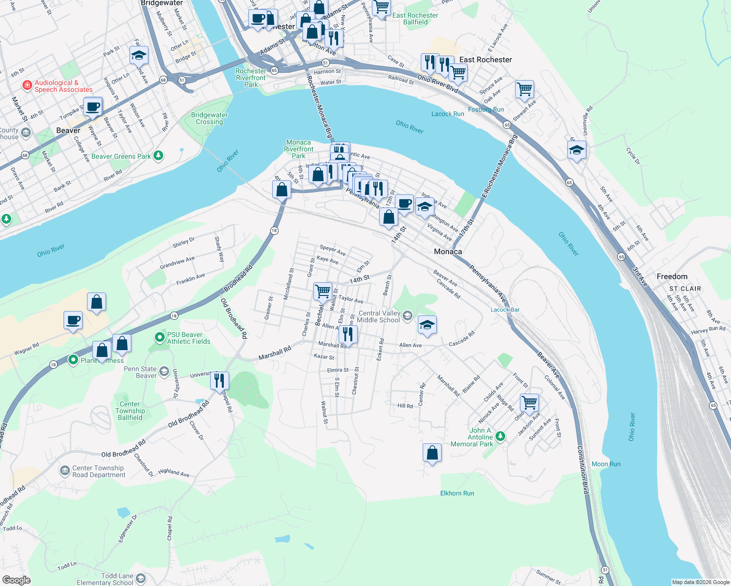 map of restaurants, bars, coffee shops, grocery stores, and more near 1026 Grove St in Monaca