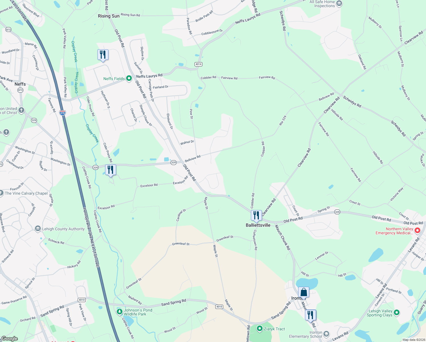 map of restaurants, bars, coffee shops, grocery stores, and more near 3115 Rick Rd in Schnecksville