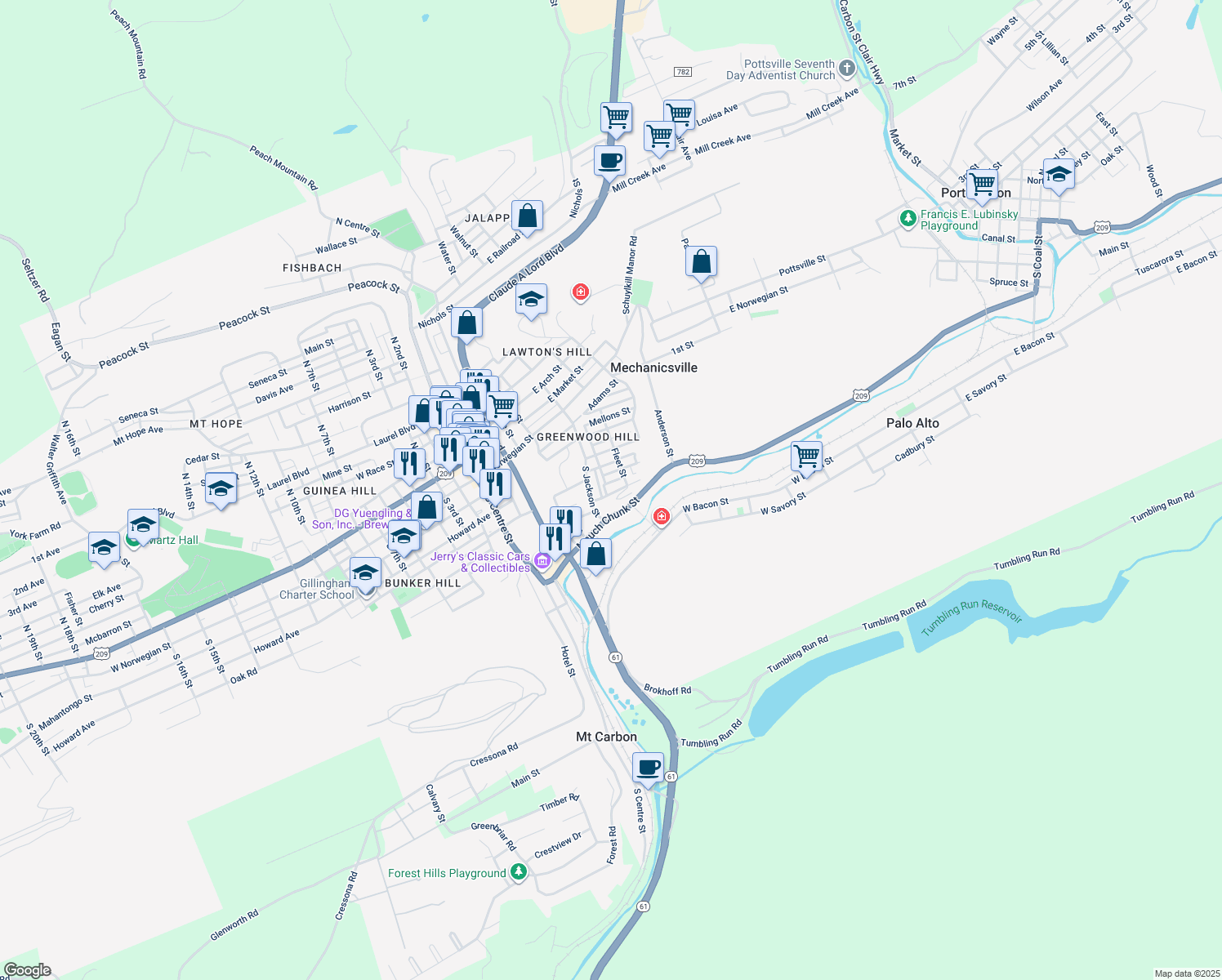 map of restaurants, bars, coffee shops, grocery stores, and more near 516 Jefferson Street in Pottsville