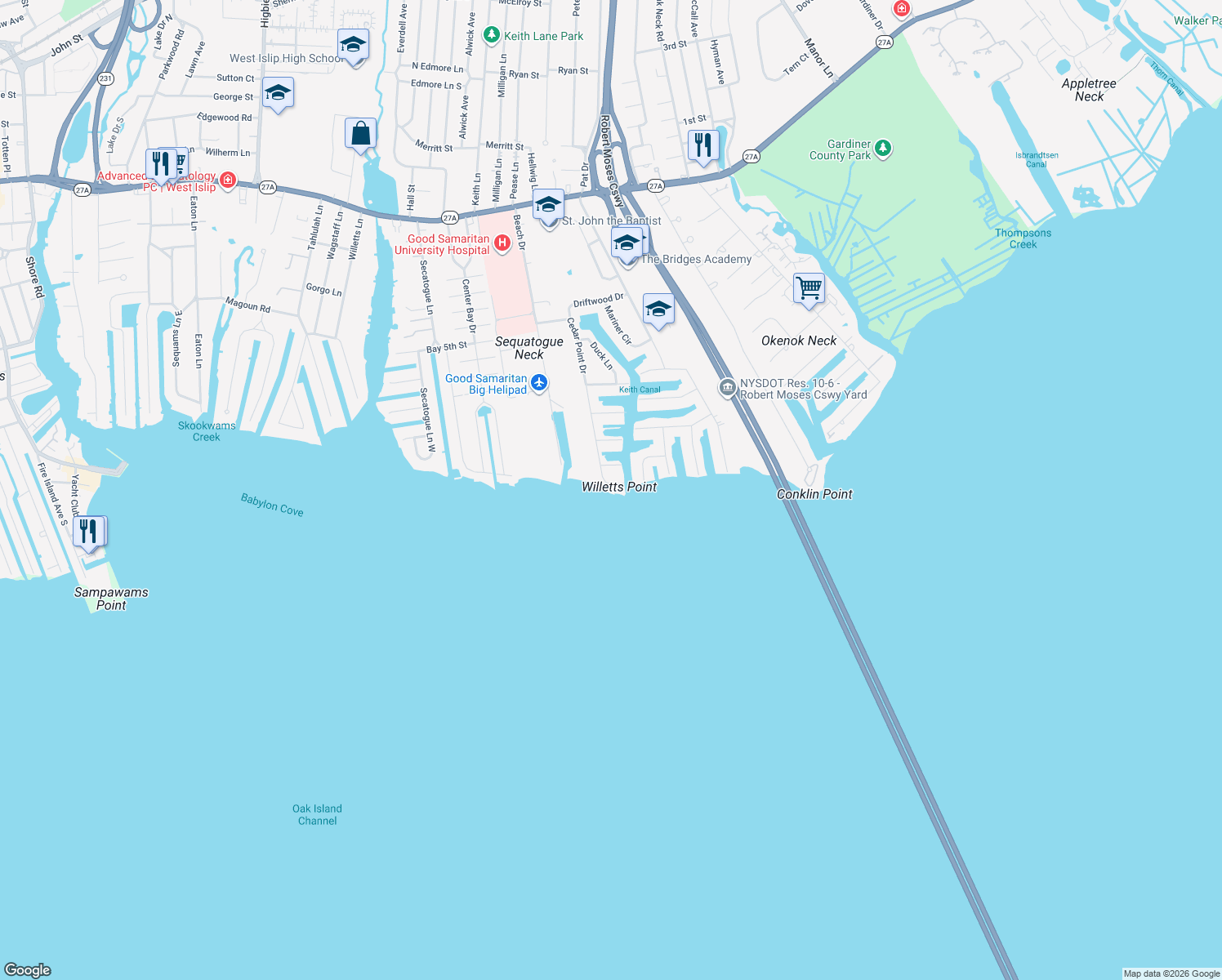 map of restaurants, bars, coffee shops, grocery stores, and more near 10 Cedar Point Drive in West Islip