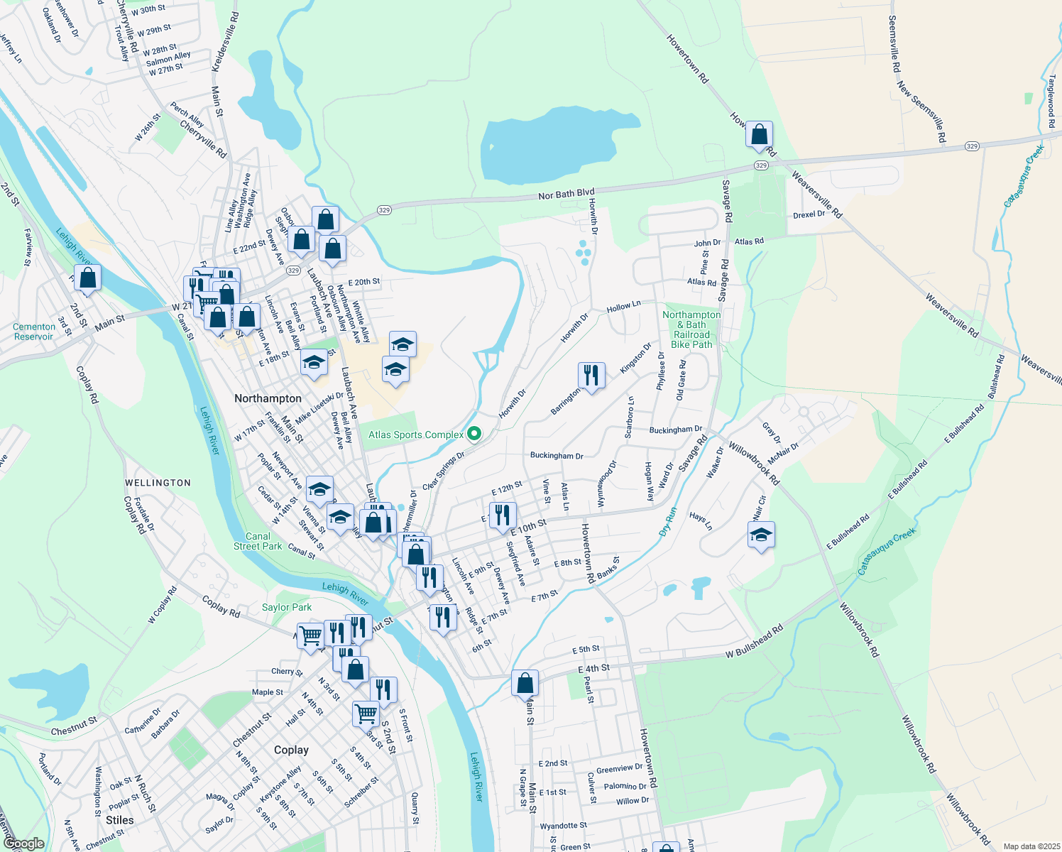 map of restaurants, bars, coffee shops, grocery stores, and more near 1301 Barrington Drive in Northampton