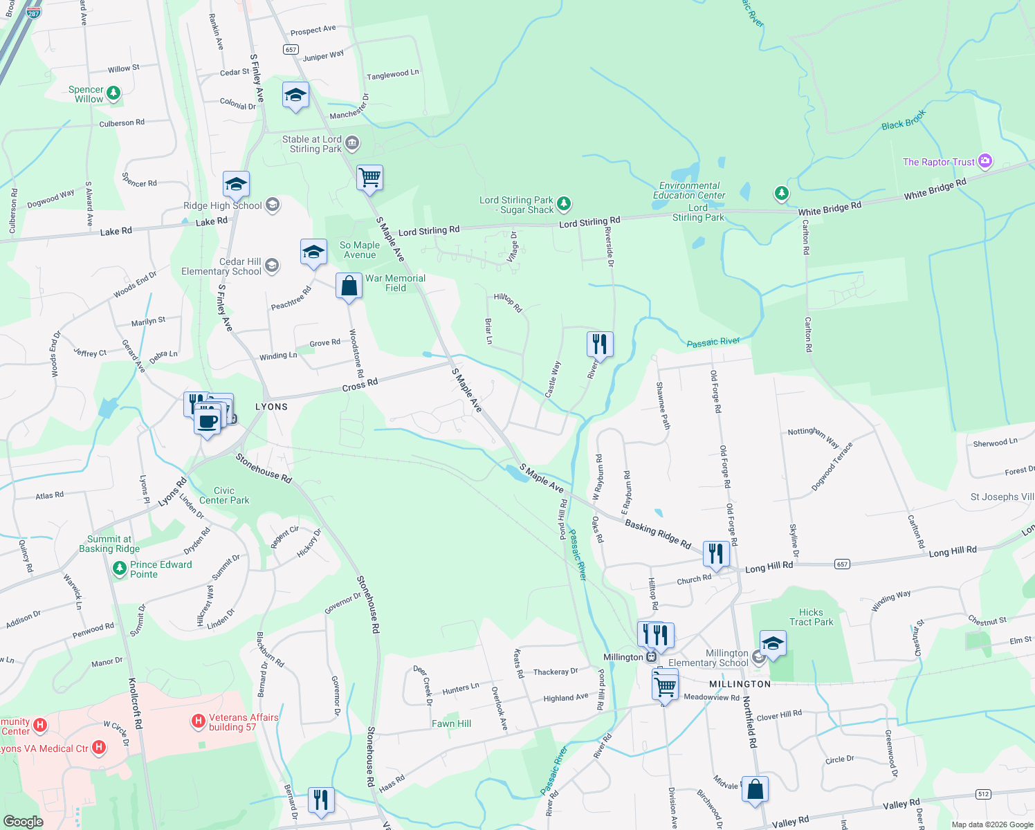 map of restaurants, bars, coffee shops, grocery stores, and more near 15 Hilltop Road in Bernards