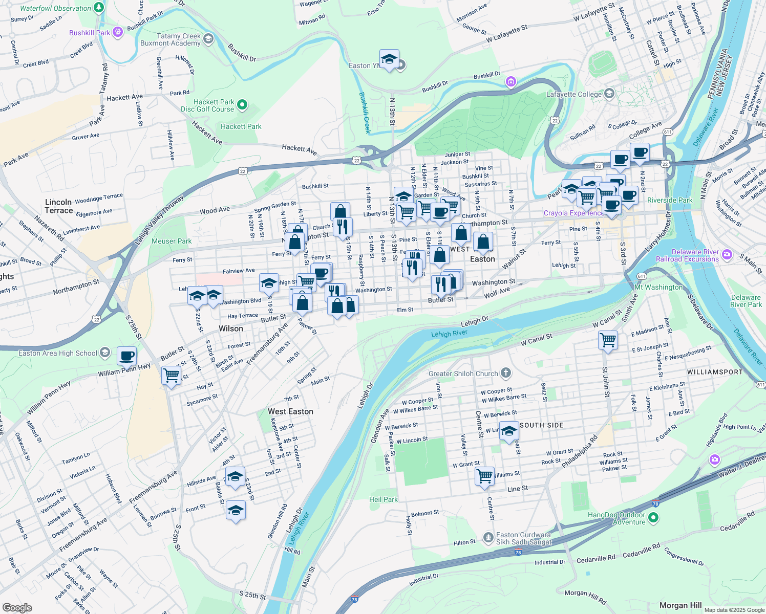 map of restaurants, bars, coffee shops, grocery stores, and more near 1342 Butler Street in Easton