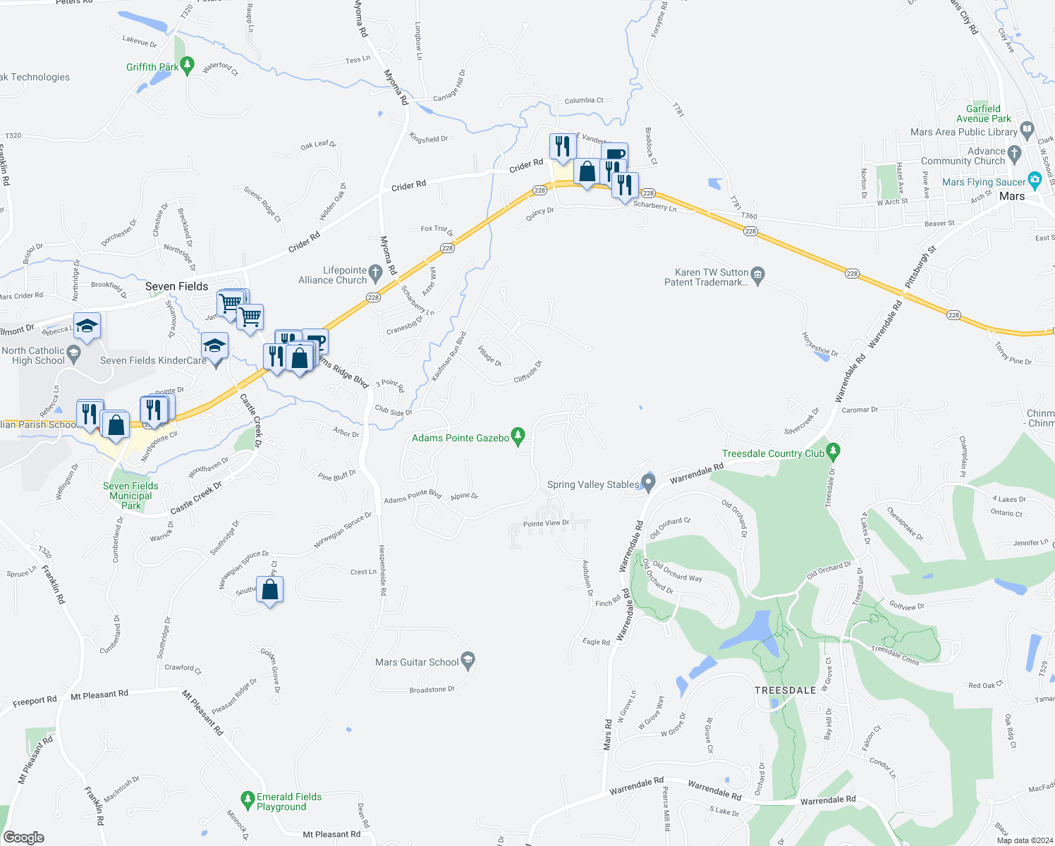 map of restaurants, bars, coffee shops, grocery stores, and more near 218 Adams Pointe Boulevard in Mars