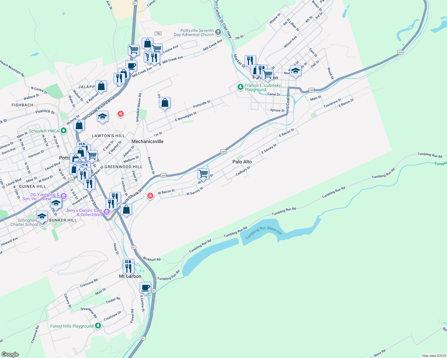 map of restaurants, bars, coffee shops, grocery stores, and more near 10 West Savory Street in Pottsville