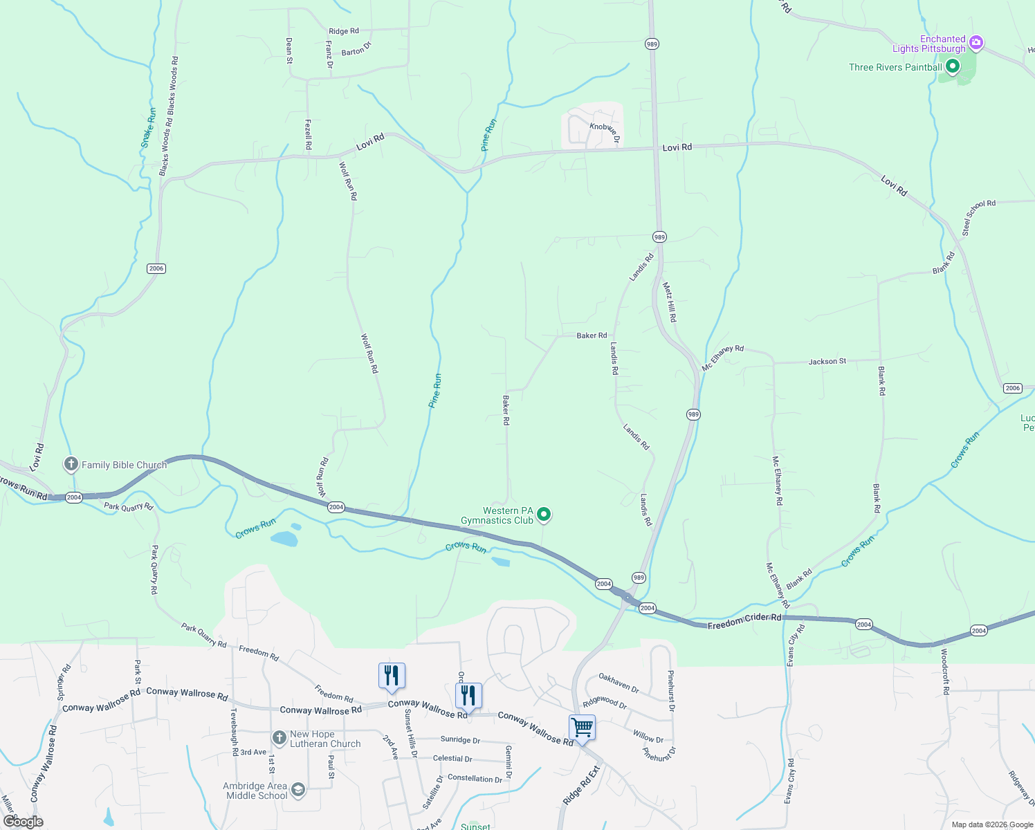 map of restaurants, bars, coffee shops, grocery stores, and more near 507 Baker Road in Freedom