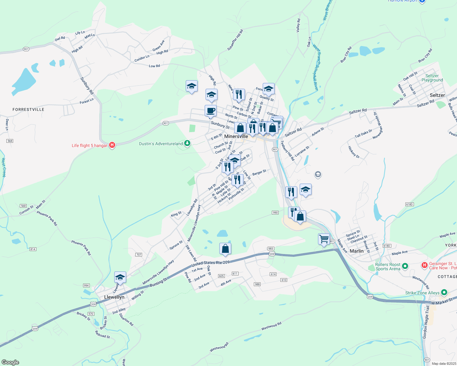 map of restaurants, bars, coffee shops, grocery stores, and more near 517 Pine Hill St in Minersville