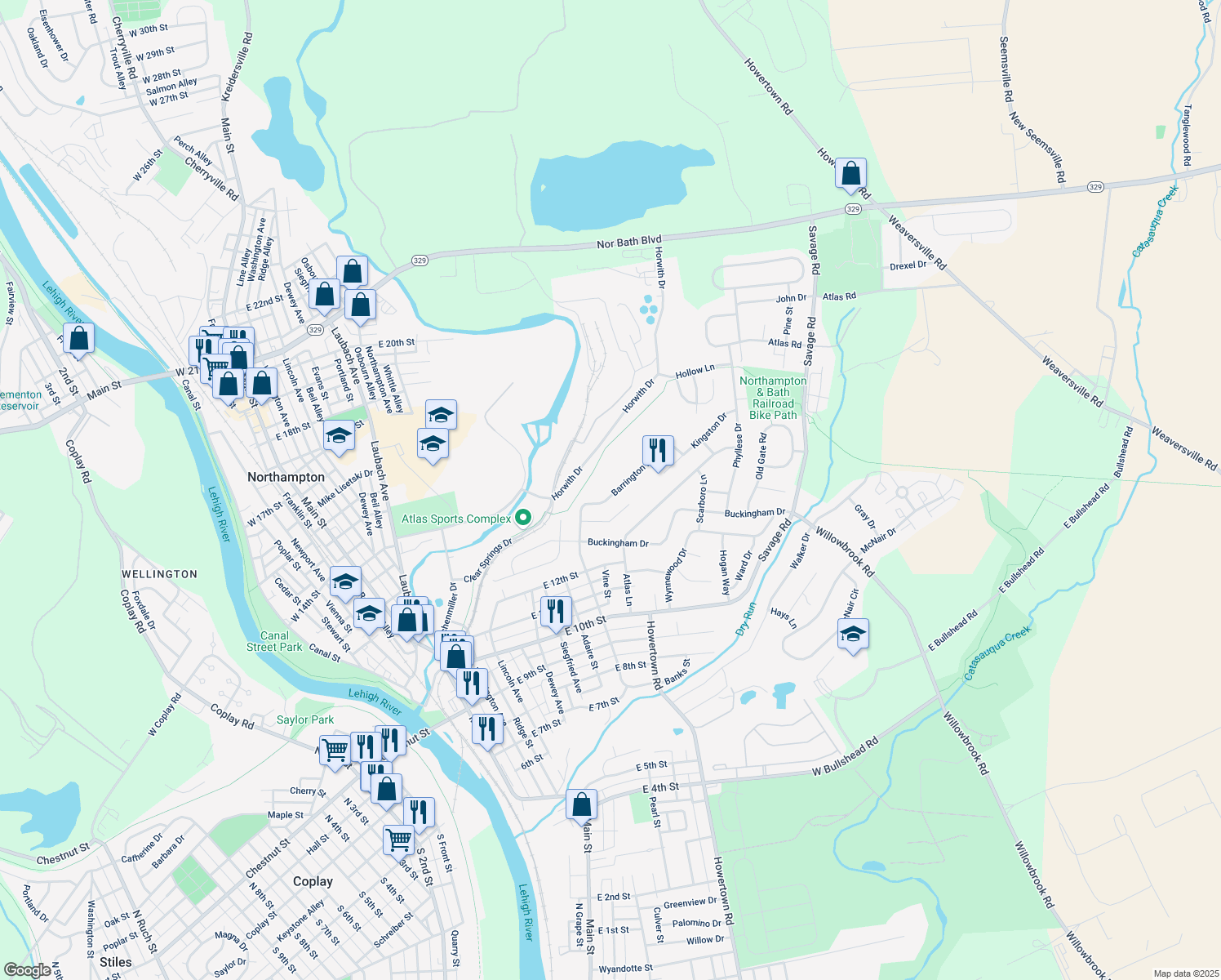 map of restaurants, bars, coffee shops, grocery stores, and more near 1310 Barrington Drive in Northampton
