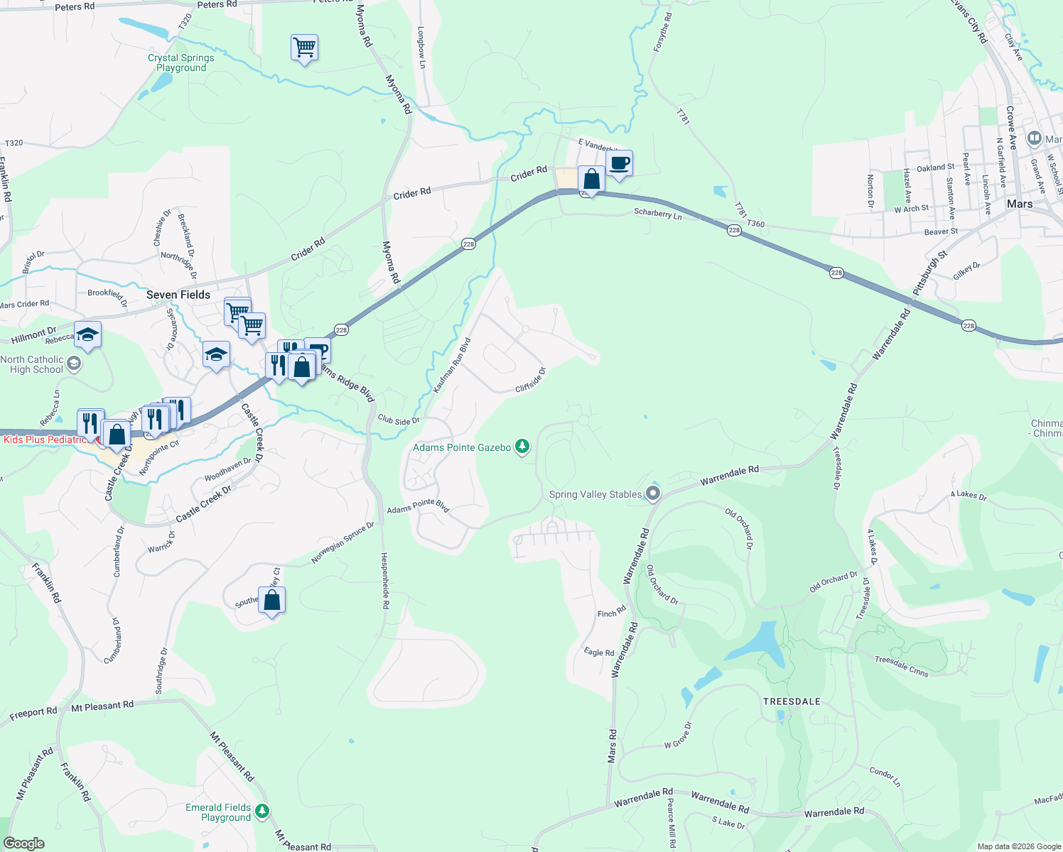 map of restaurants, bars, coffee shops, grocery stores, and more near 220 Adams Pointe Boulevard in Mars