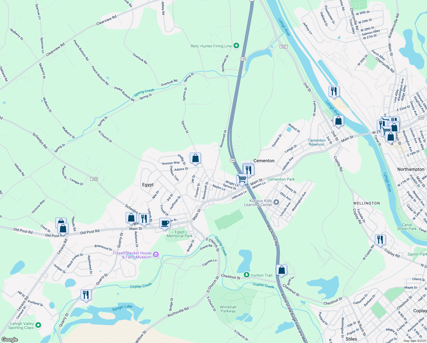 map of restaurants, bars, coffee shops, grocery stores, and more near 4220 Roosevelt Street in Lehigh County