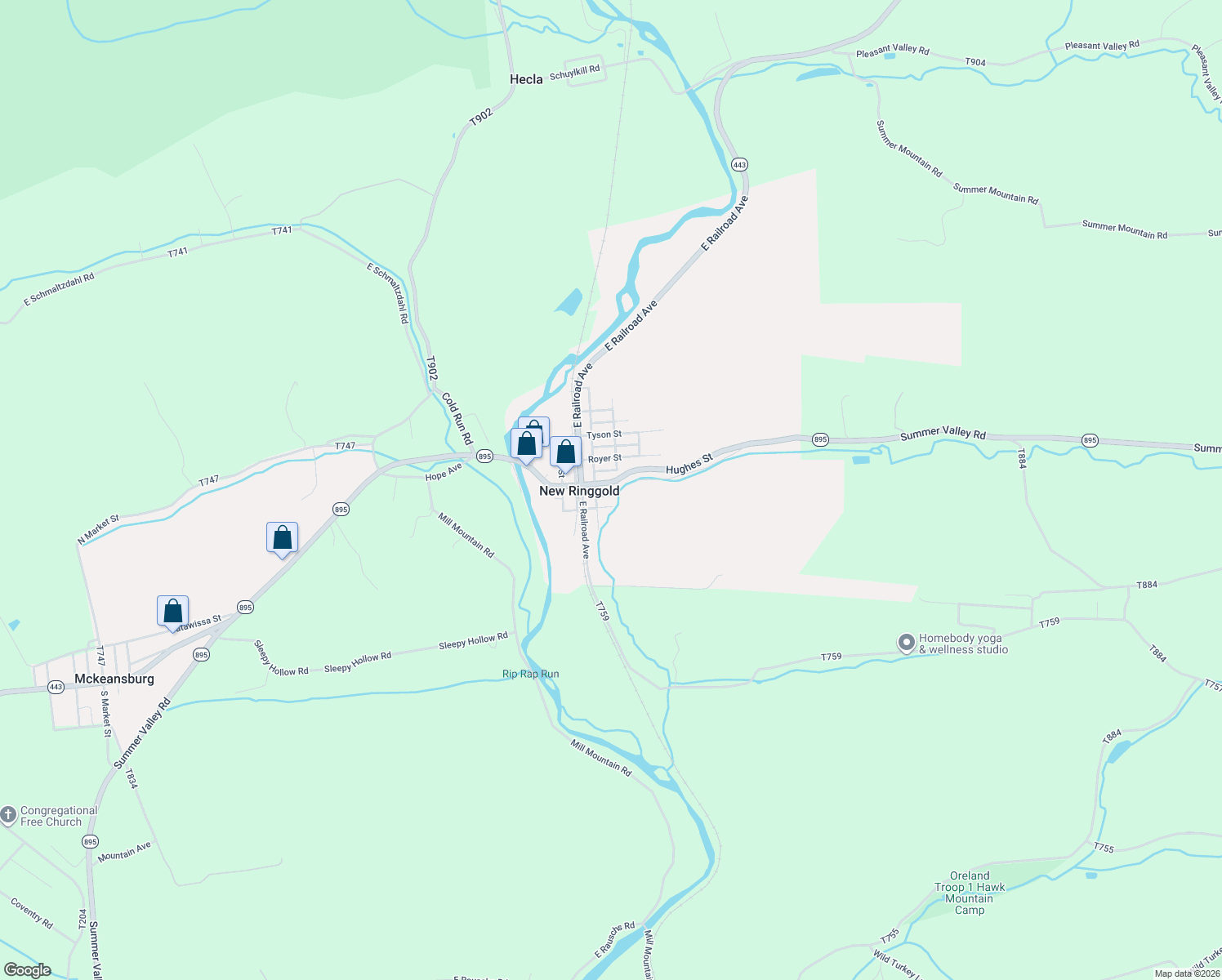 map of restaurants, bars, coffee shops, grocery stores, and more near 316 Hughes Street in New Ringgold