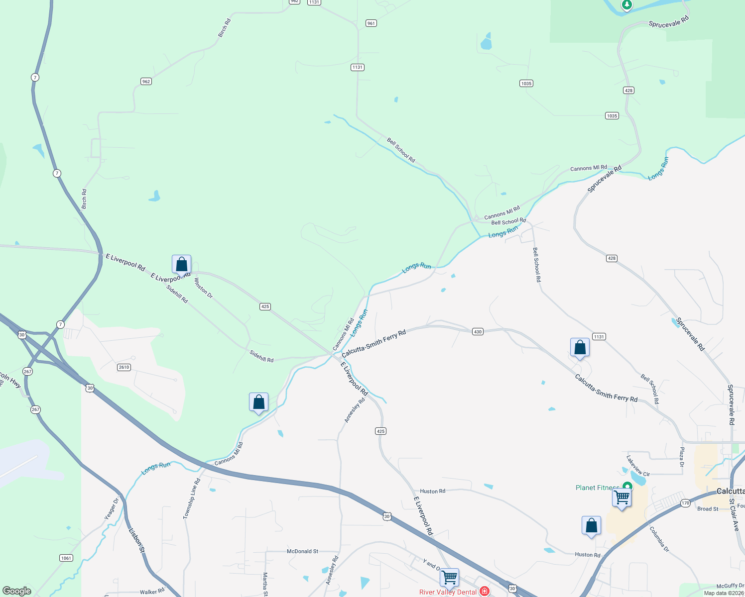map of restaurants, bars, coffee shops, grocery stores, and more near 14874 Township Highway 1004 in Calcutta