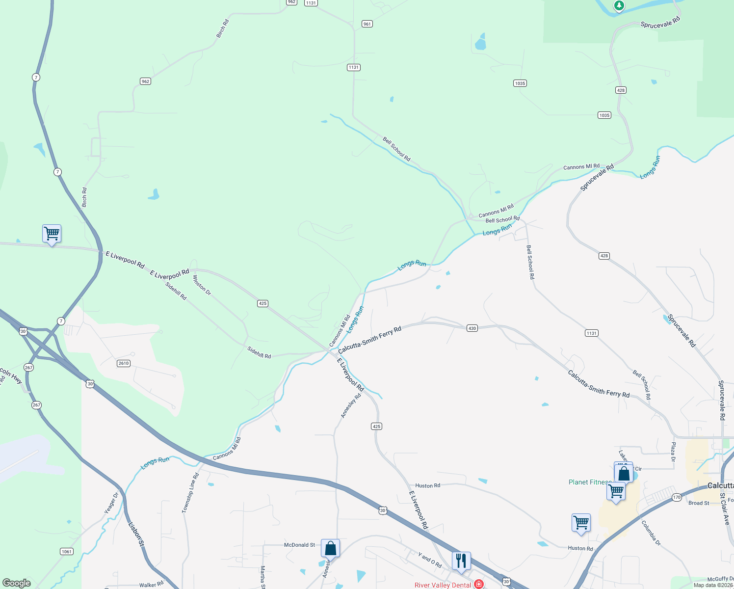 map of restaurants, bars, coffee shops, grocery stores, and more near 14874 Township Highway 1004 in Calcutta