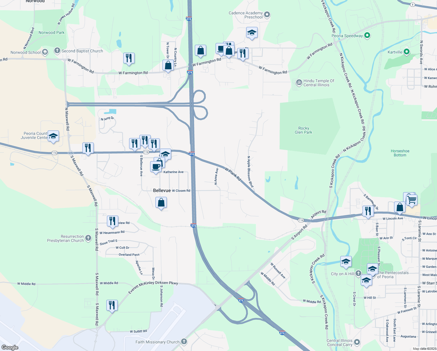 map of restaurants, bars, coffee shops, grocery stores, and more near 320 S Anna Ave in Peoria