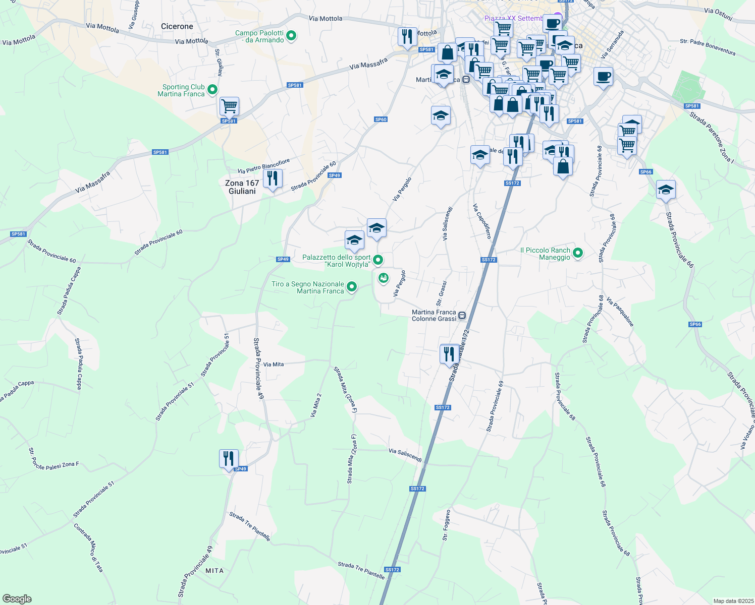 map of restaurants, bars, coffee shops, grocery stores, and more near 95 Via Pergolo in Martina Franca