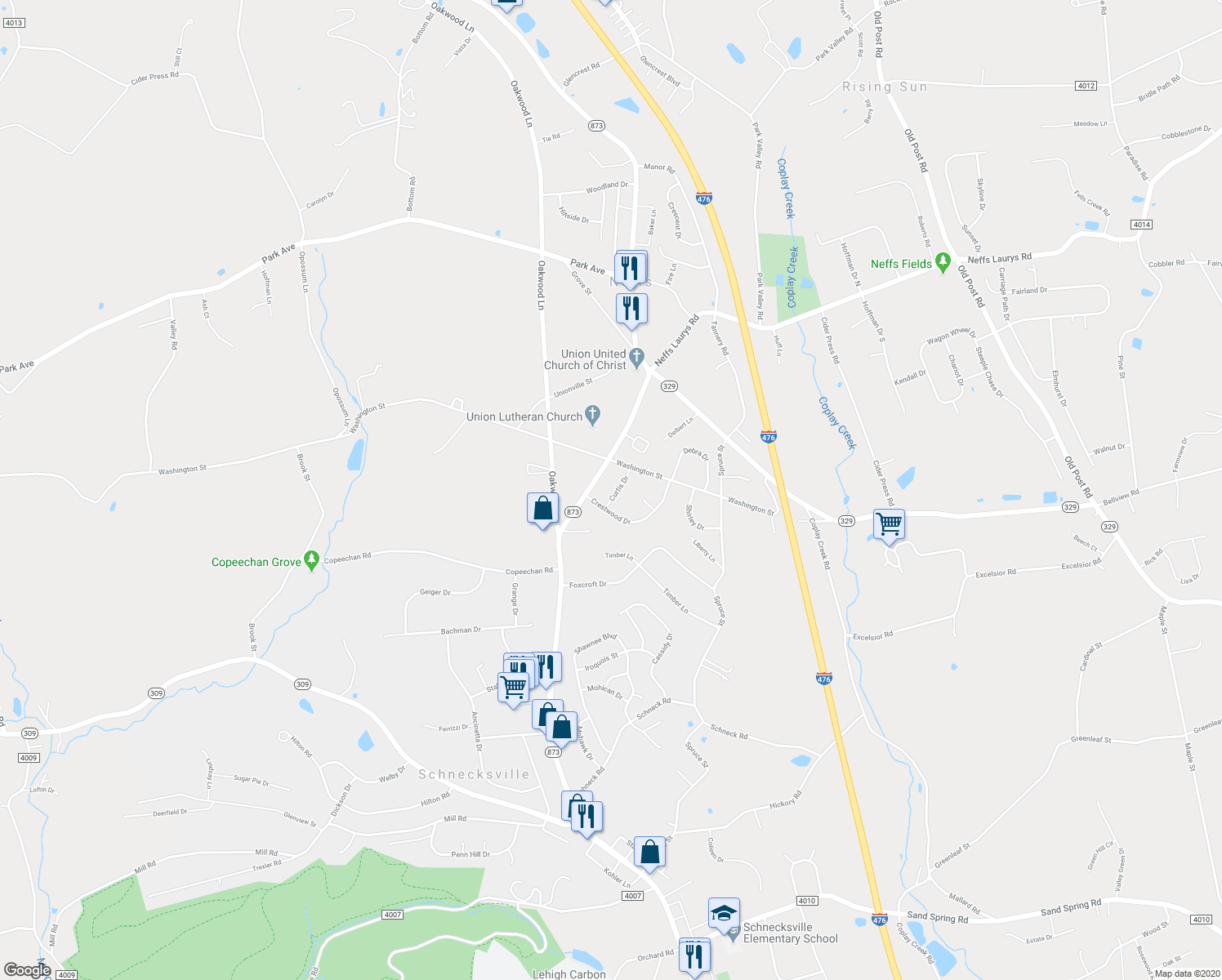 map of restaurants, bars, coffee shops, grocery stores, and more near 5420 Curtis Drive in Schnecksville
