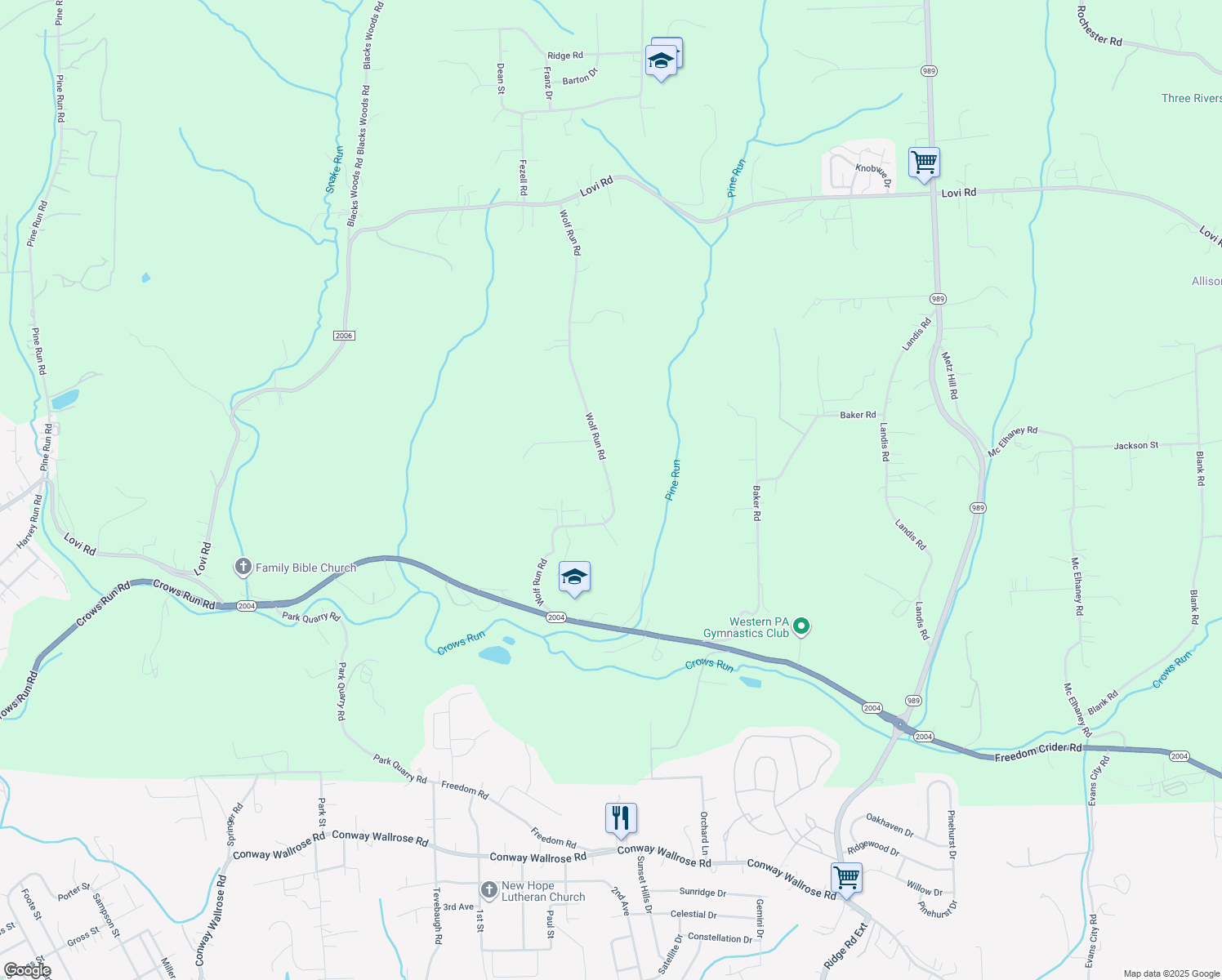 map of restaurants, bars, coffee shops, grocery stores, and more near 213 Wolfe Run Rd in Freedom