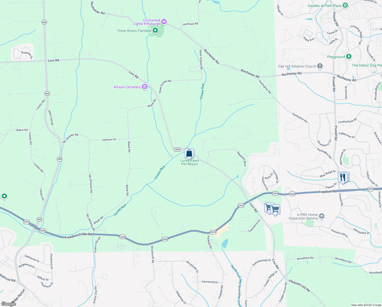 map of restaurants, bars, coffee shops, grocery stores, and more near 2269 Lovi Road in Freedom
