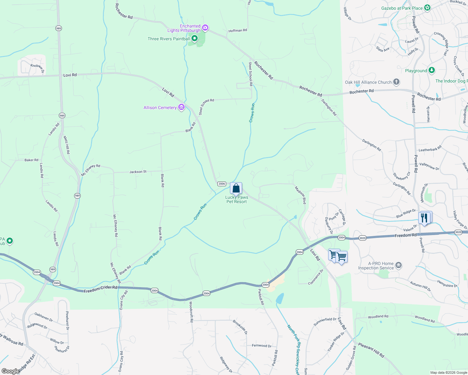 map of restaurants, bars, coffee shops, grocery stores, and more near 2269 Lovi Road in Freedom
