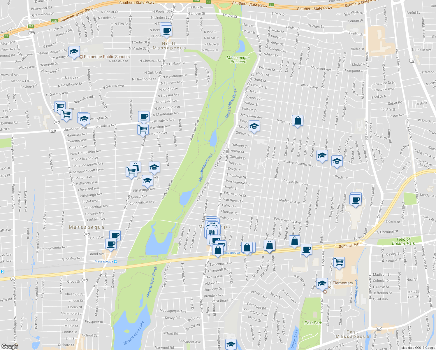 map of restaurants, bars, coffee shops, grocery stores, and more near 78 Lindbergh Street in Massapequa Park