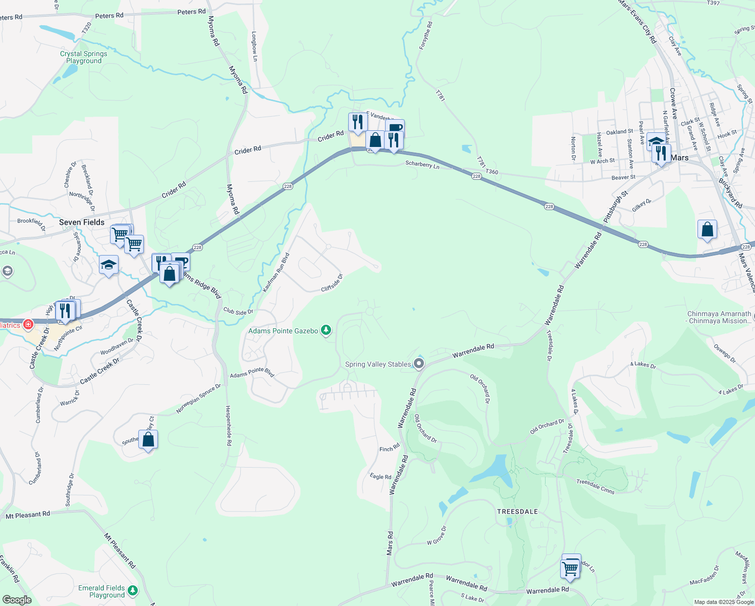 map of restaurants, bars, coffee shops, grocery stores, and more near 236 Adams Pointe Boulevard in Mars