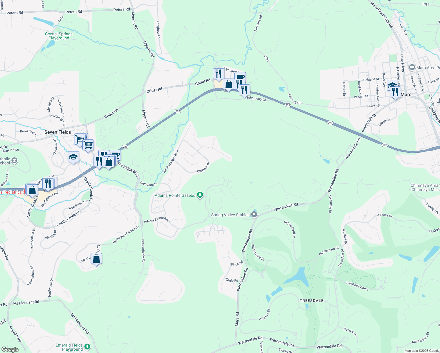 map of restaurants, bars, coffee shops, grocery stores, and more near 232 Adams Pointe Boulevard in Mars