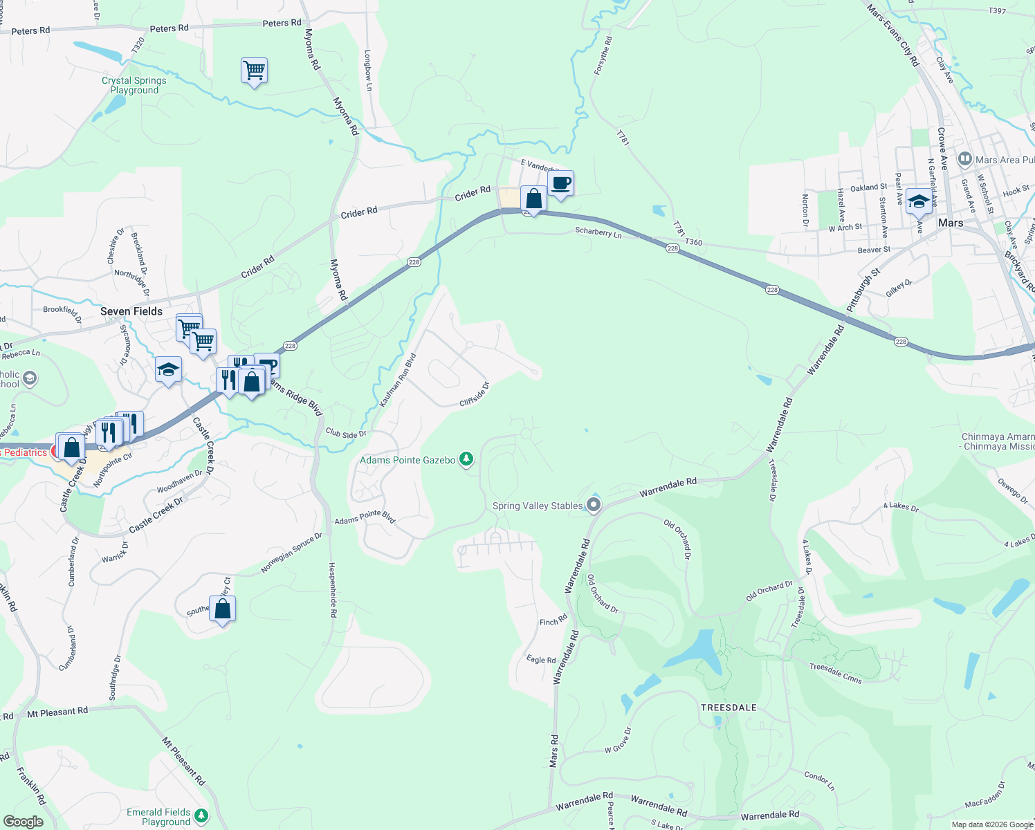 map of restaurants, bars, coffee shops, grocery stores, and more near 232 Adams Pointe Boulevard in Mars