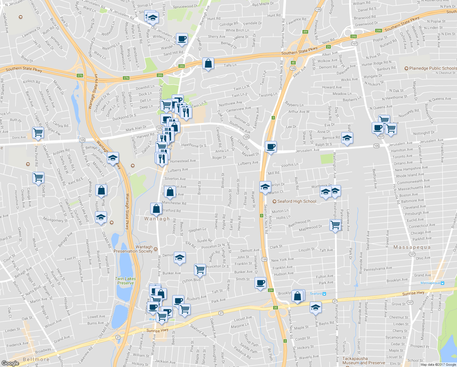 map of restaurants, bars, coffee shops, grocery stores, and more near 1420 Poulson Street in Wantagh